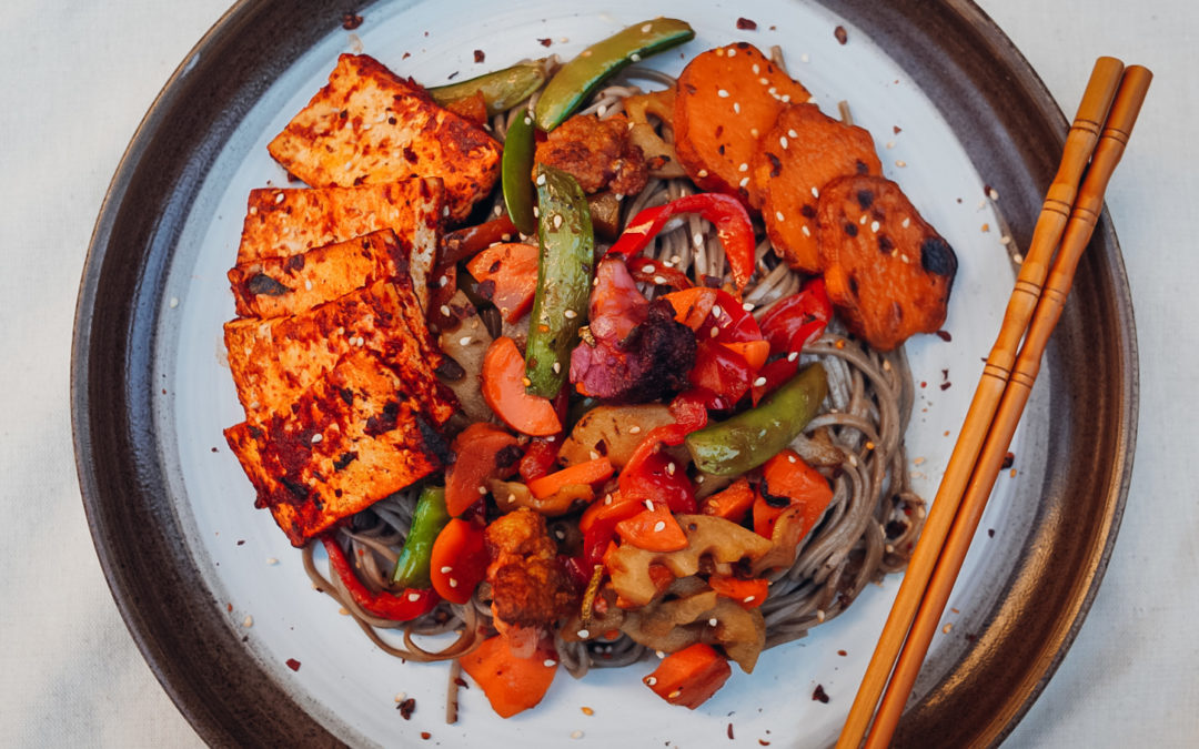 Kinpira Veggies & Noodles with Miso-glazed Sweet Potatoes