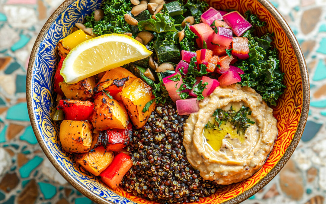 Summer Quinoa and Black Lentils with Babaganoush