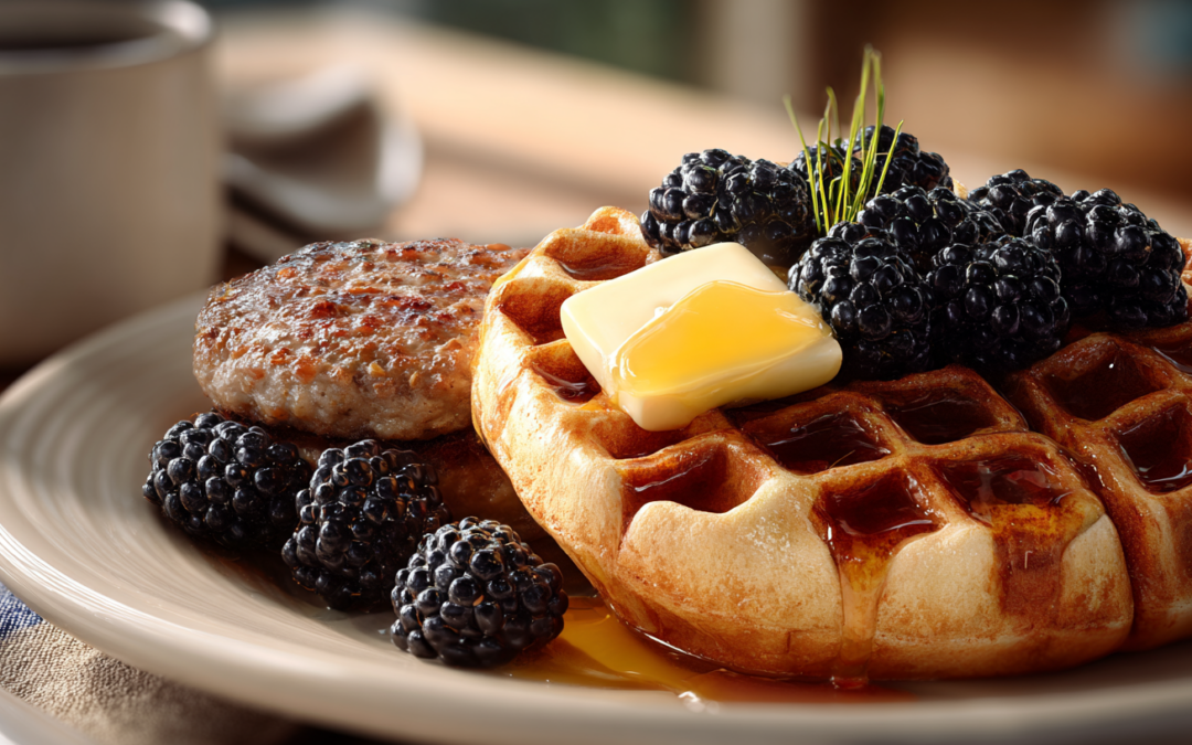 Waffles with Maple Butter, Blackberries, and Beyond Sausage